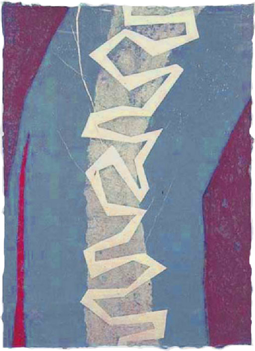 Ludwig Gruber, Blitz, Farblinolschnitt, 2003 auf kahari-Seidelbastpapier 70 x 50 cm