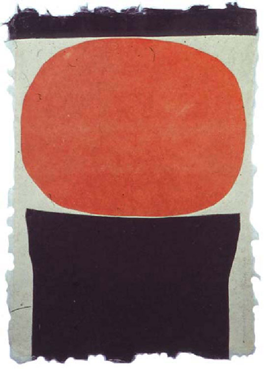Ludwig Gruber, Sonnenuntergang, Farblinolschnitt, 2003 auf kahari-Seidelbastpapier 70 x 50 cm 
